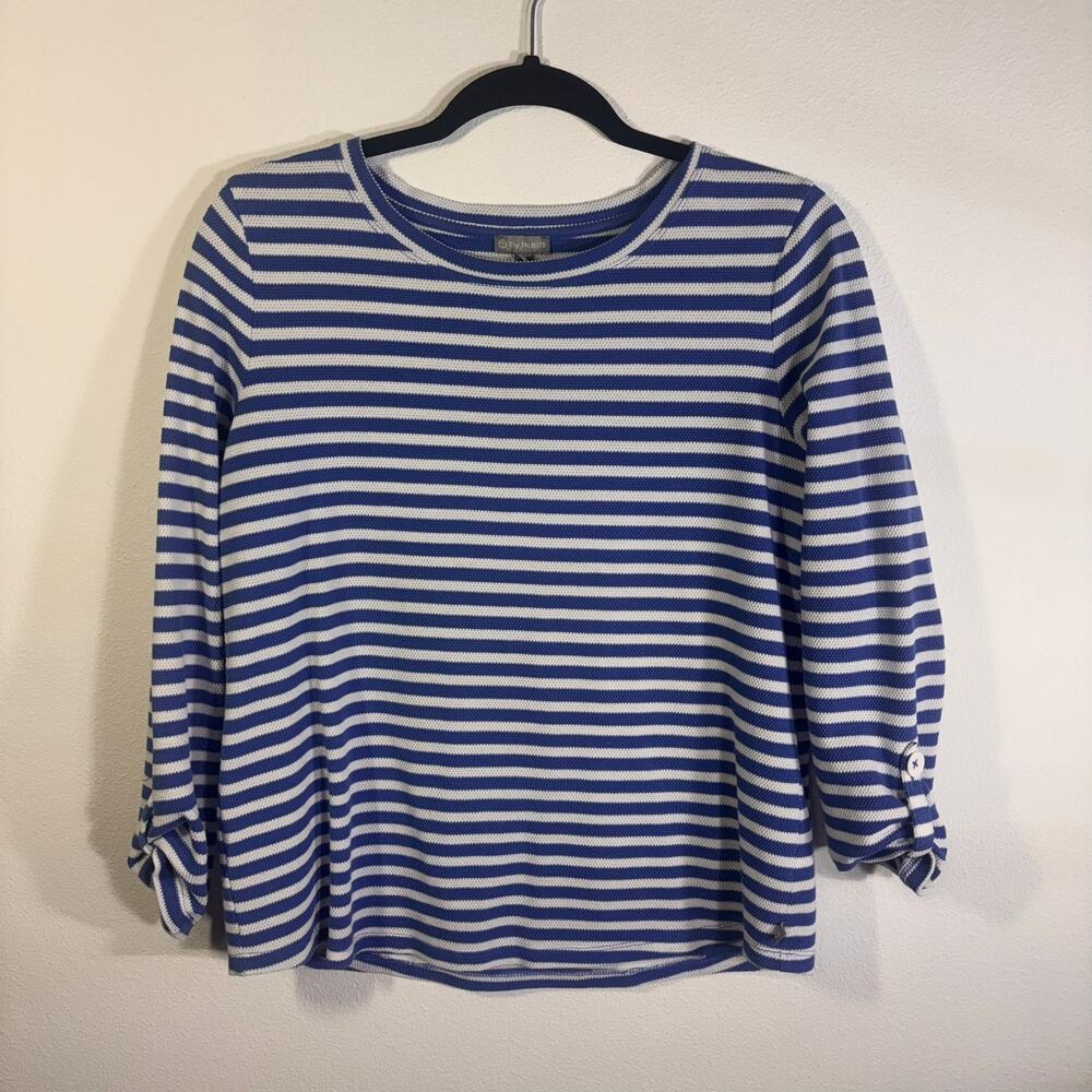 T by Talbots Blue White Striped Top M 3/4 Sleeve Tie Cuff Keyhole Back